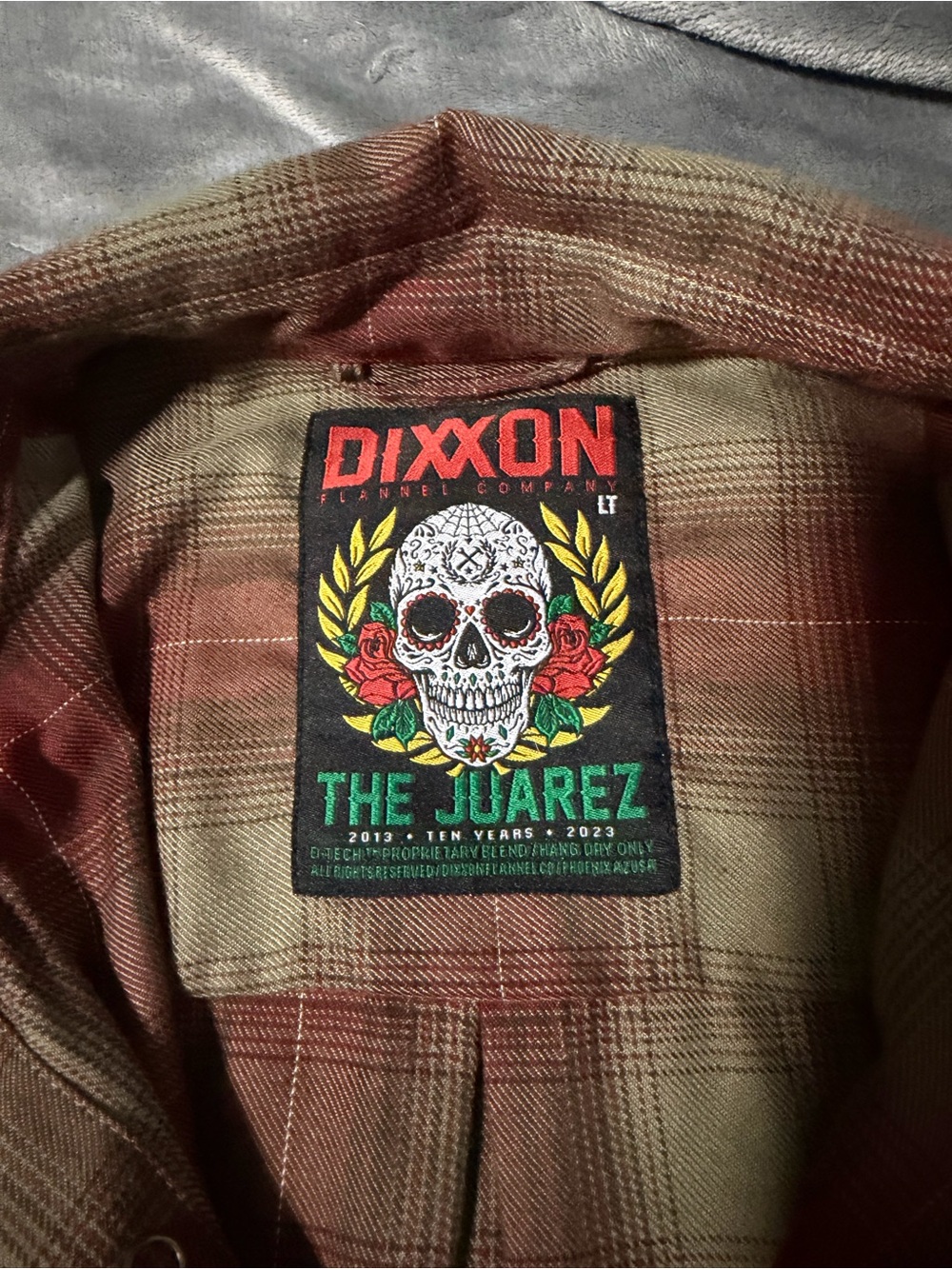 DIXXON Plaid Flannel Shirt in Brown and Tan with Skull Patch LT NEVER WORN